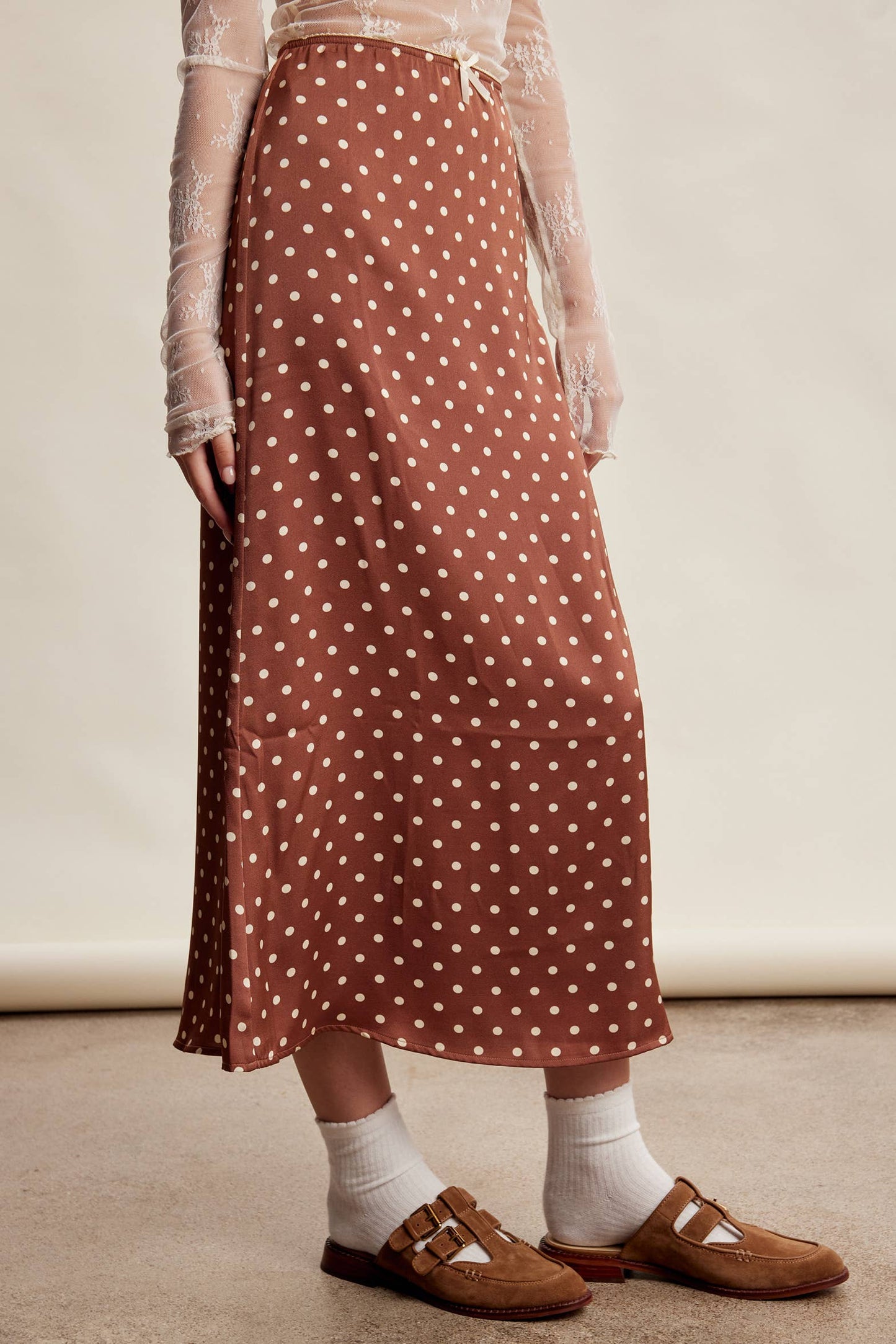 Polka Dot Satin Maxi Skirt LSK0289: Mocha / Contemporary / M