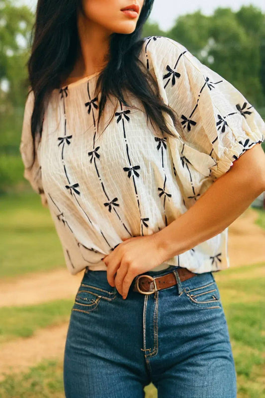 Fashion-W Bow Print Puff Short Sleeve Top: As shown / Missy / L