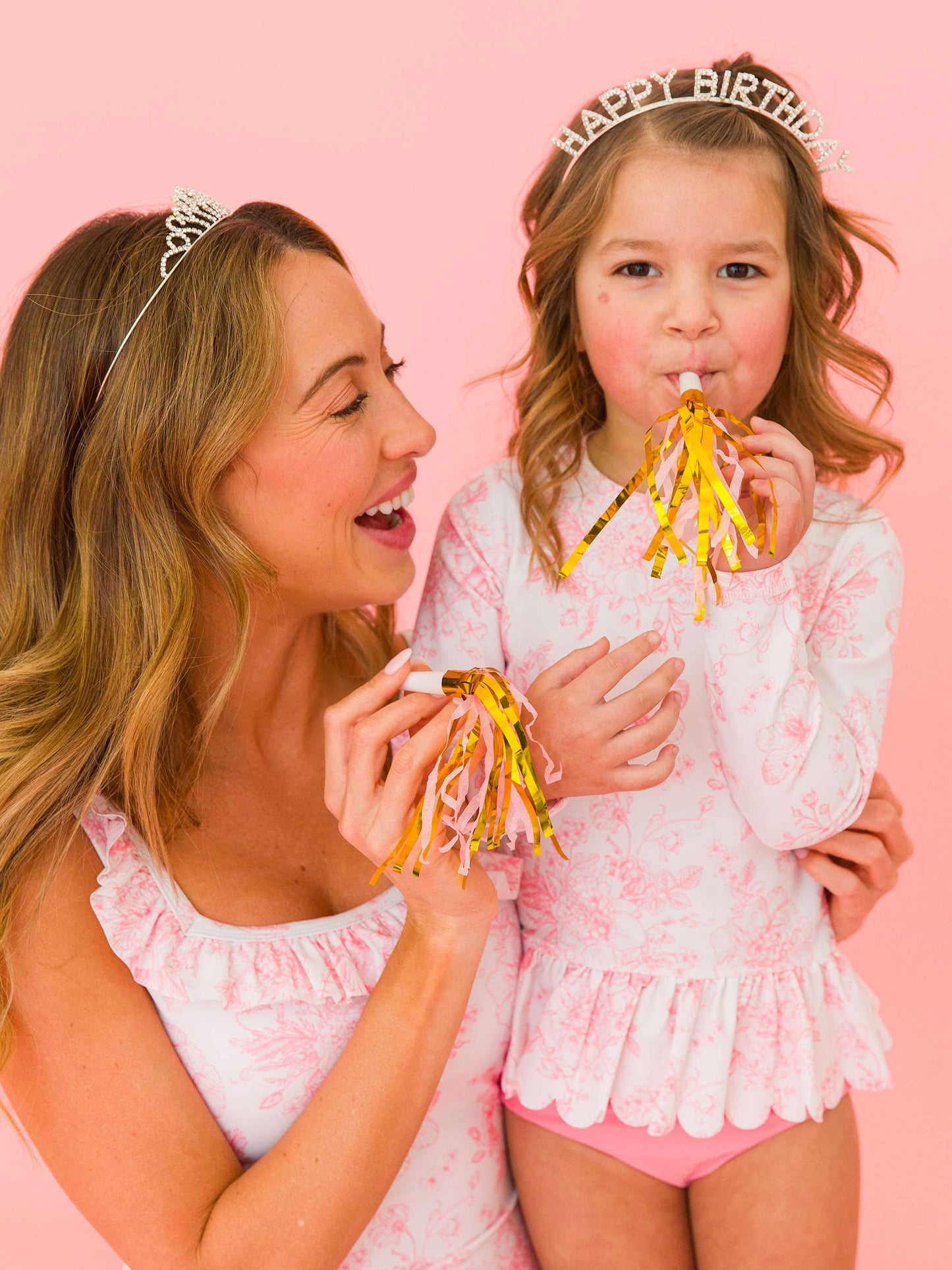 Girls Pink Butterfly Garden Toile Long Sleeve Rash Guard 2-Piece: Pink / 4T
