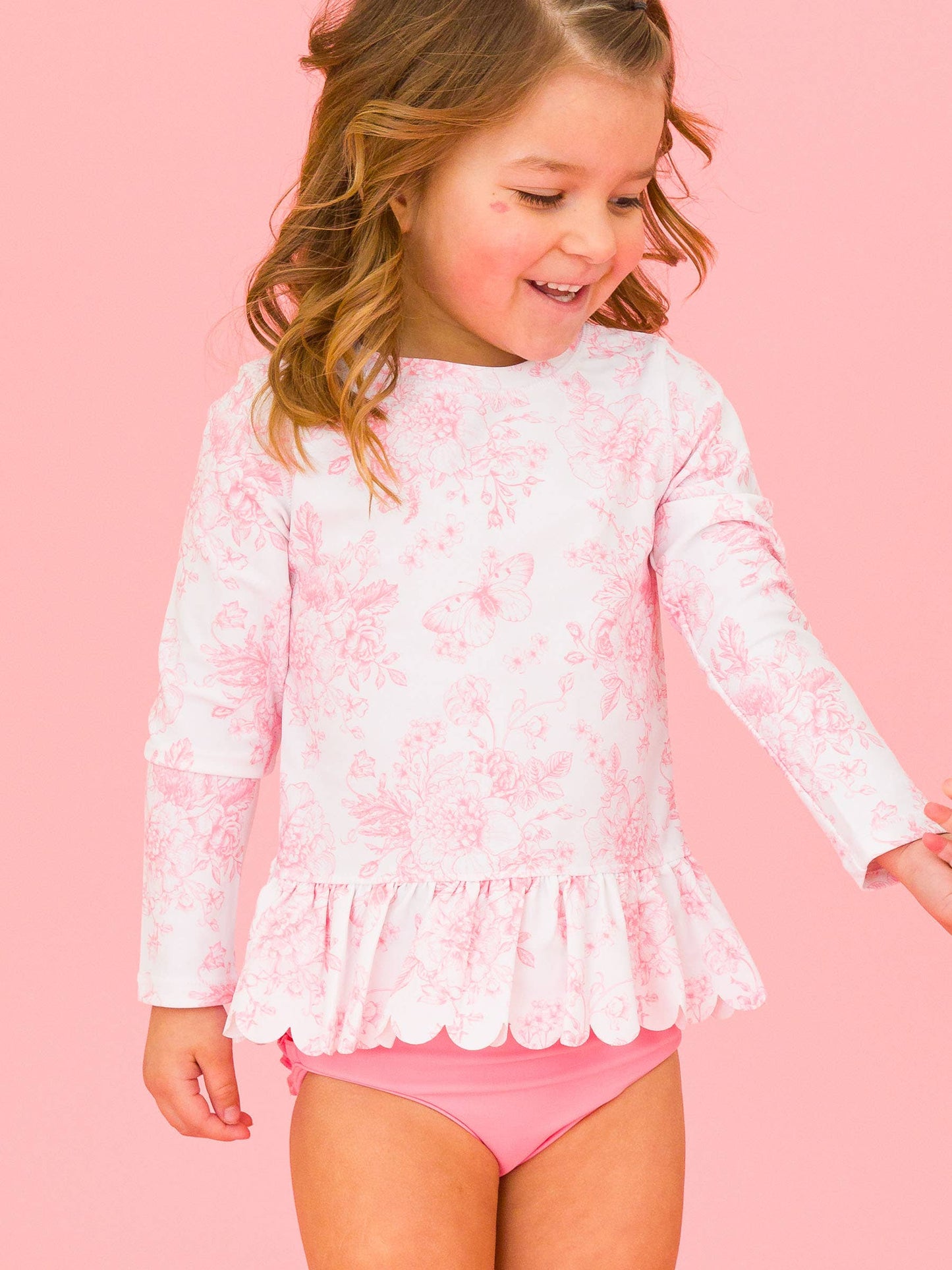 Girls Pink Butterfly Garden Toile Long Sleeve Rash Guard 2-Piece: Pink / 18-24m