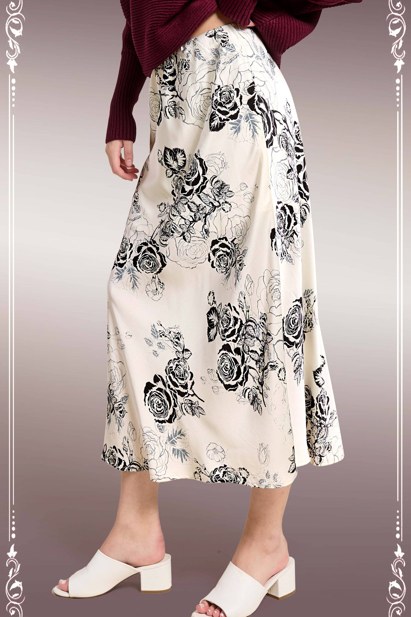 JDP4238-Elegant Contrast Floral Satin Midi Skirt: Black / L