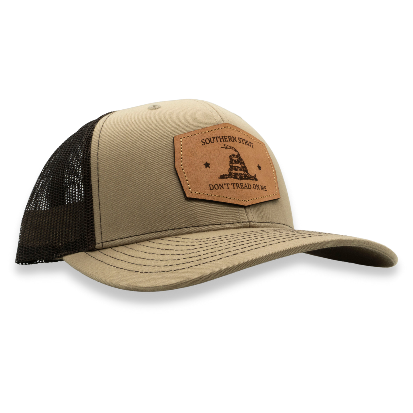 Don't Tread Leather Patch Trucker Hat: Black/Black