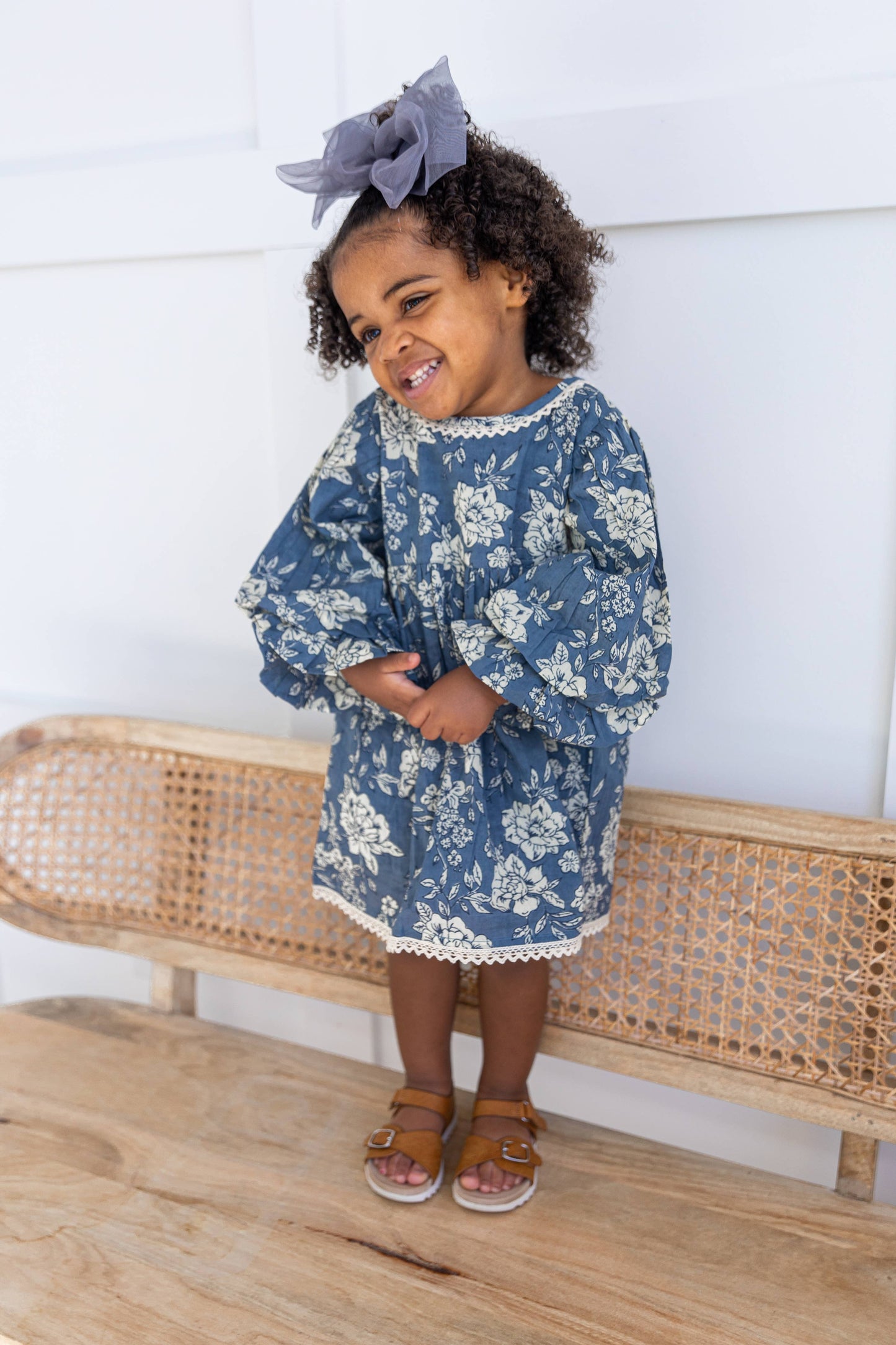 Grey Floral Printed Neck & Bottom Lace Long Sleeves Gathered : Infant : Baby : Toddler : Tween : Kids: 6-9 month
