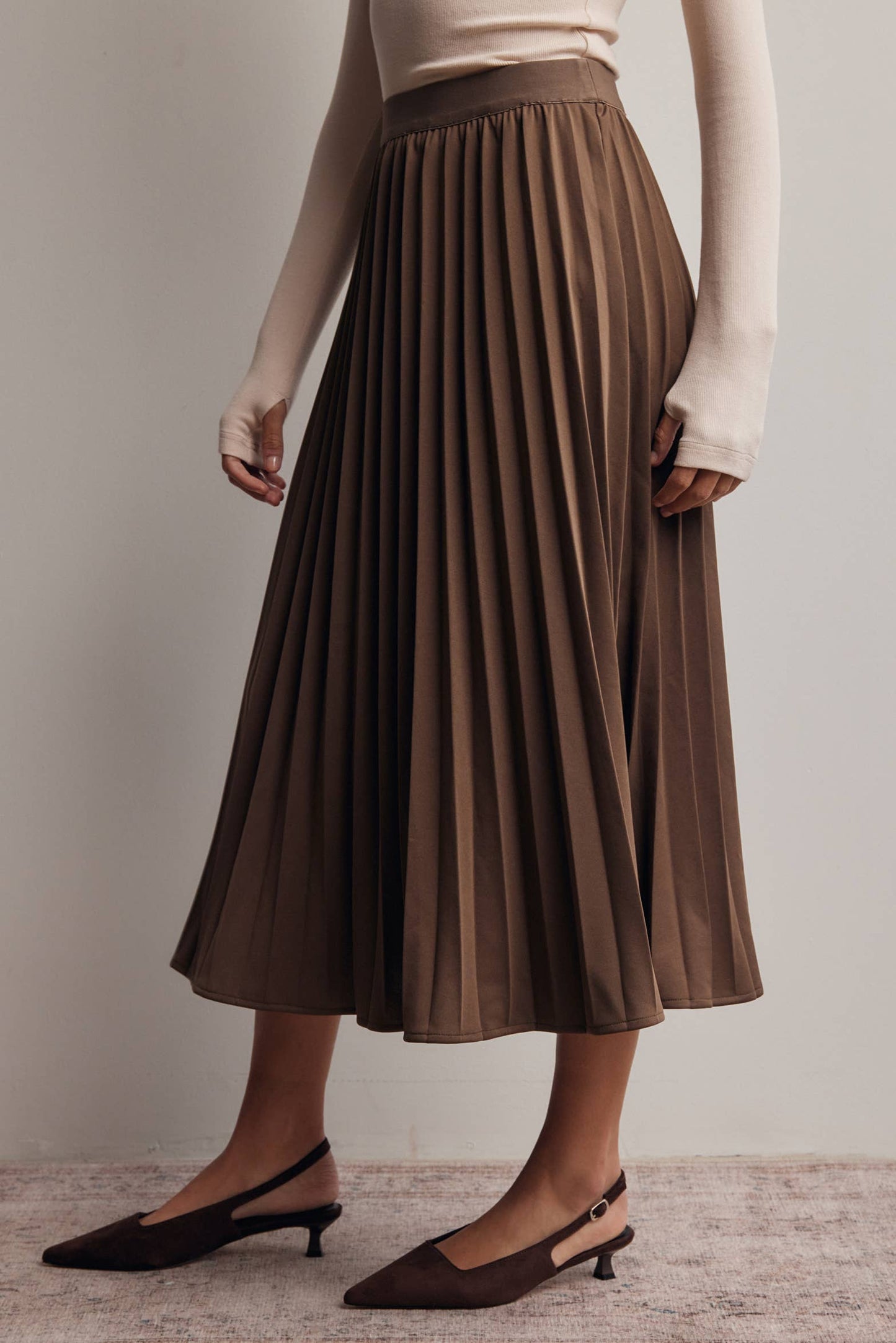 Stretch Pleated Midi Skirt FSK0027: Brown / Contemporary / XL