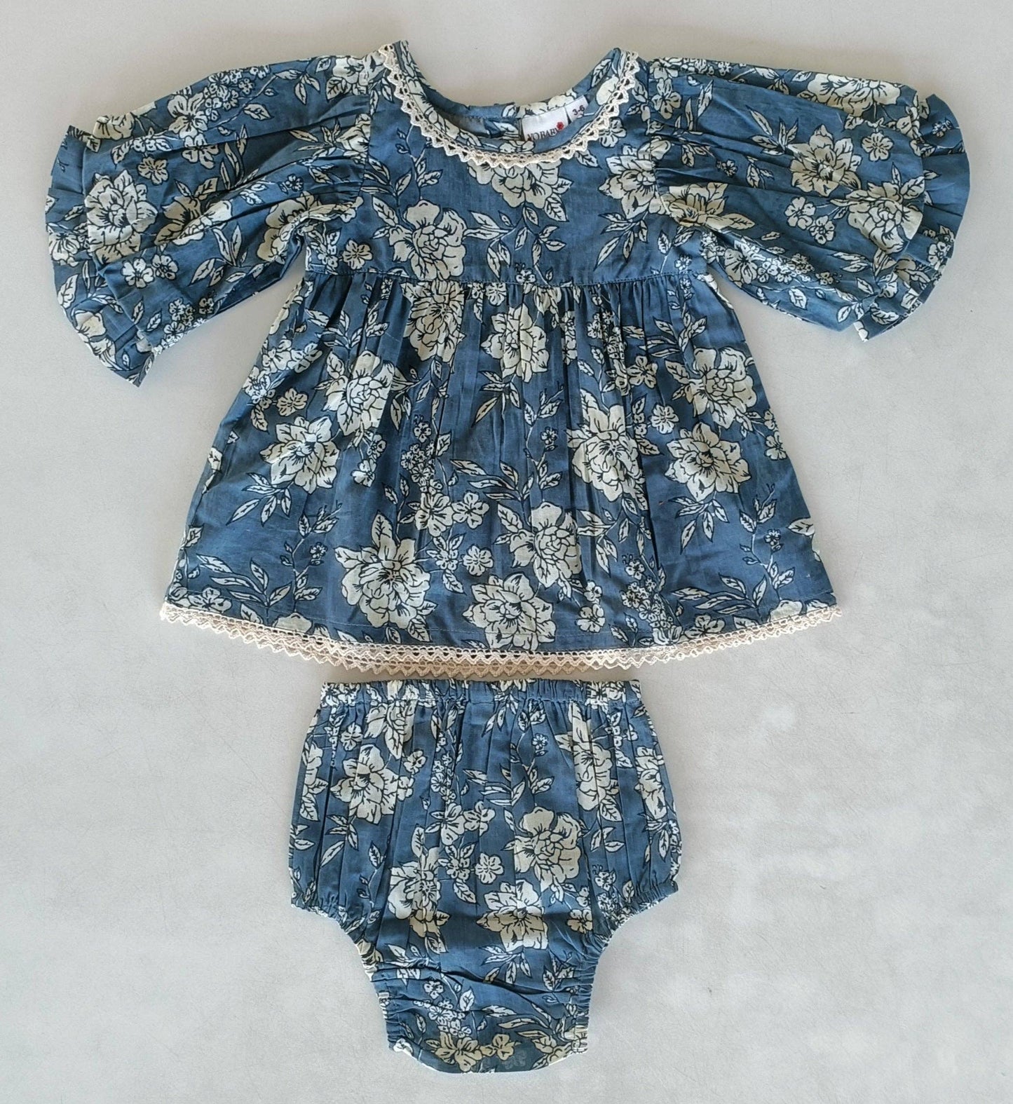 Grey Floral Printed Neck & Bottom Lace Long Sleeves Gathered : Infant : Baby : Toddler : Tween : Kids: 3-6 month