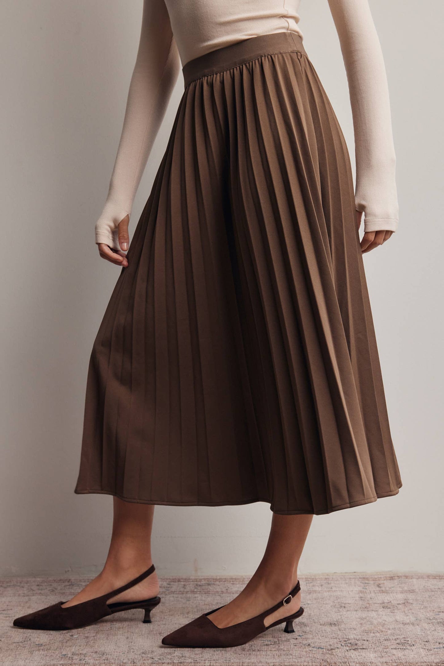 Stretch Pleated Midi Skirt FSK0027: Brown / Contemporary / S