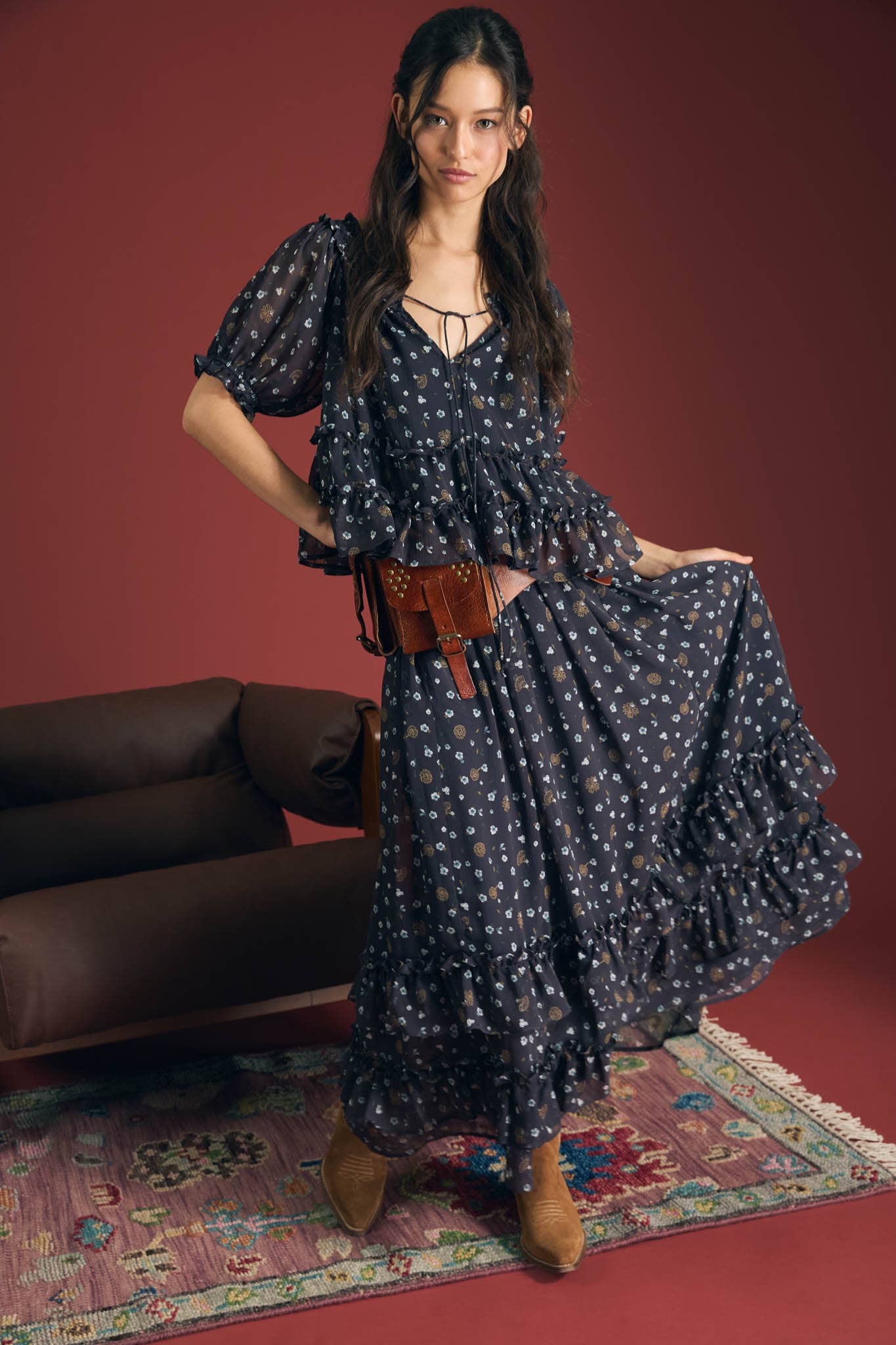 FLORAL RUFFLED TIERED HEM MIDI SKIRT: MOCHA MULTI