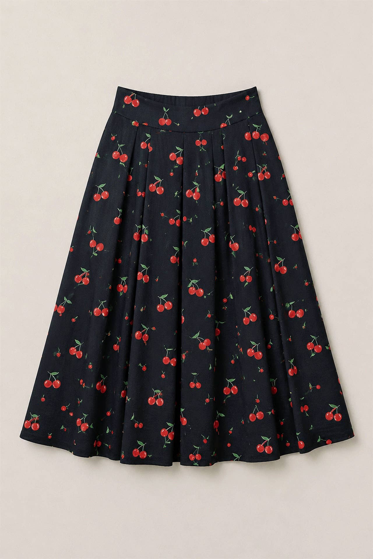 PLUS SIZE CHRRY PRINT MIDI SKIRT: BLACK CHERRY / 3XL