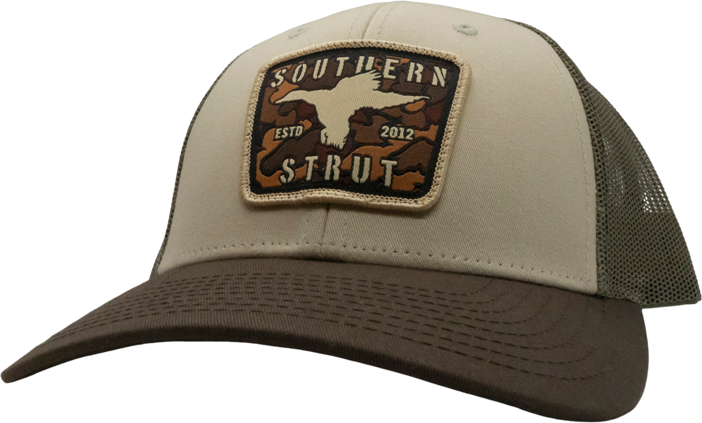 Camo Duck Woven Patch Trucker Hat: Tan/Loden/Brown