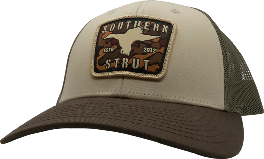 Camo Duck Woven Patch Trucker Hat: Tan/Loden/Brown