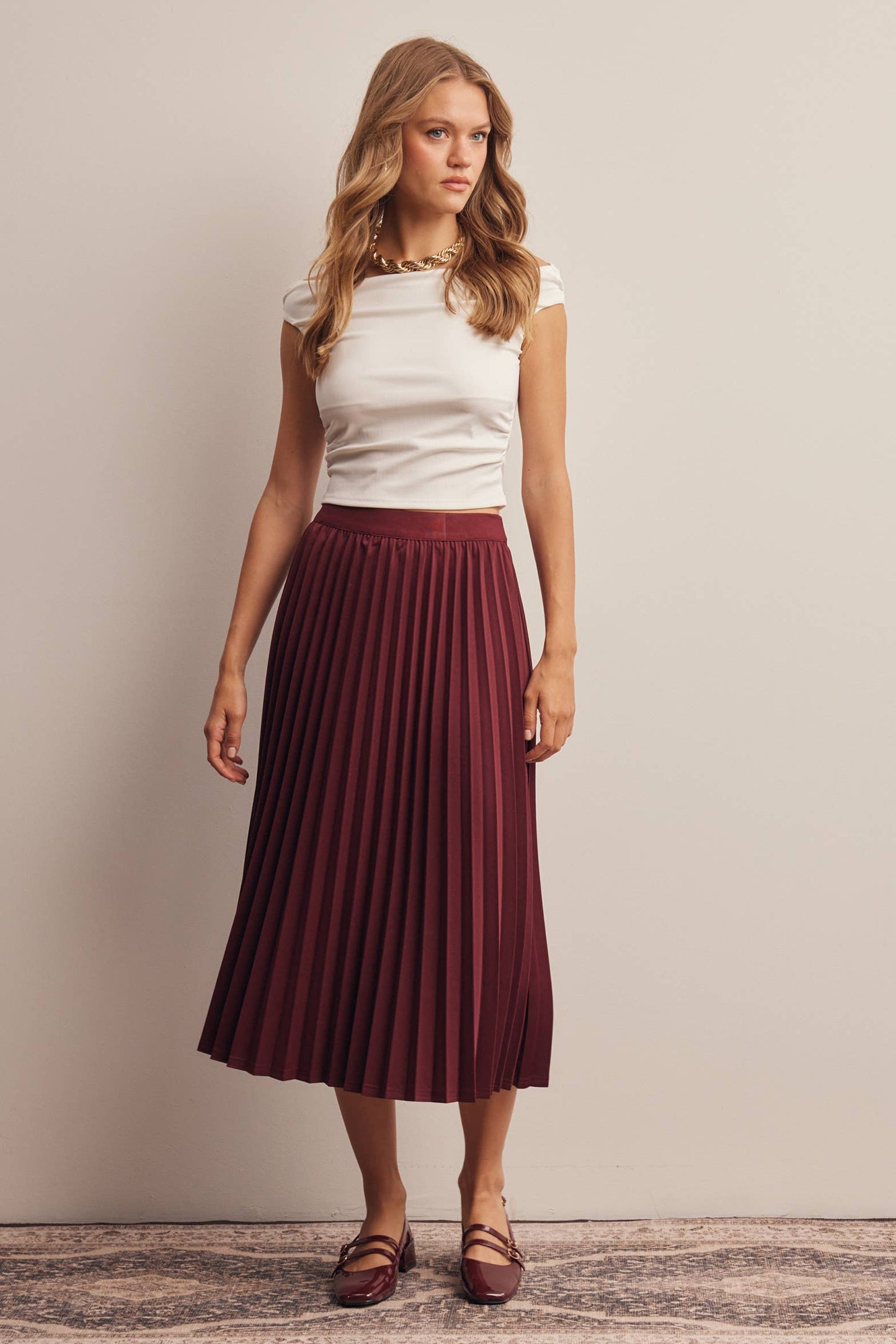 Stretch Pleated Midi Skirt FSK0027: Brown / Contemporary / L