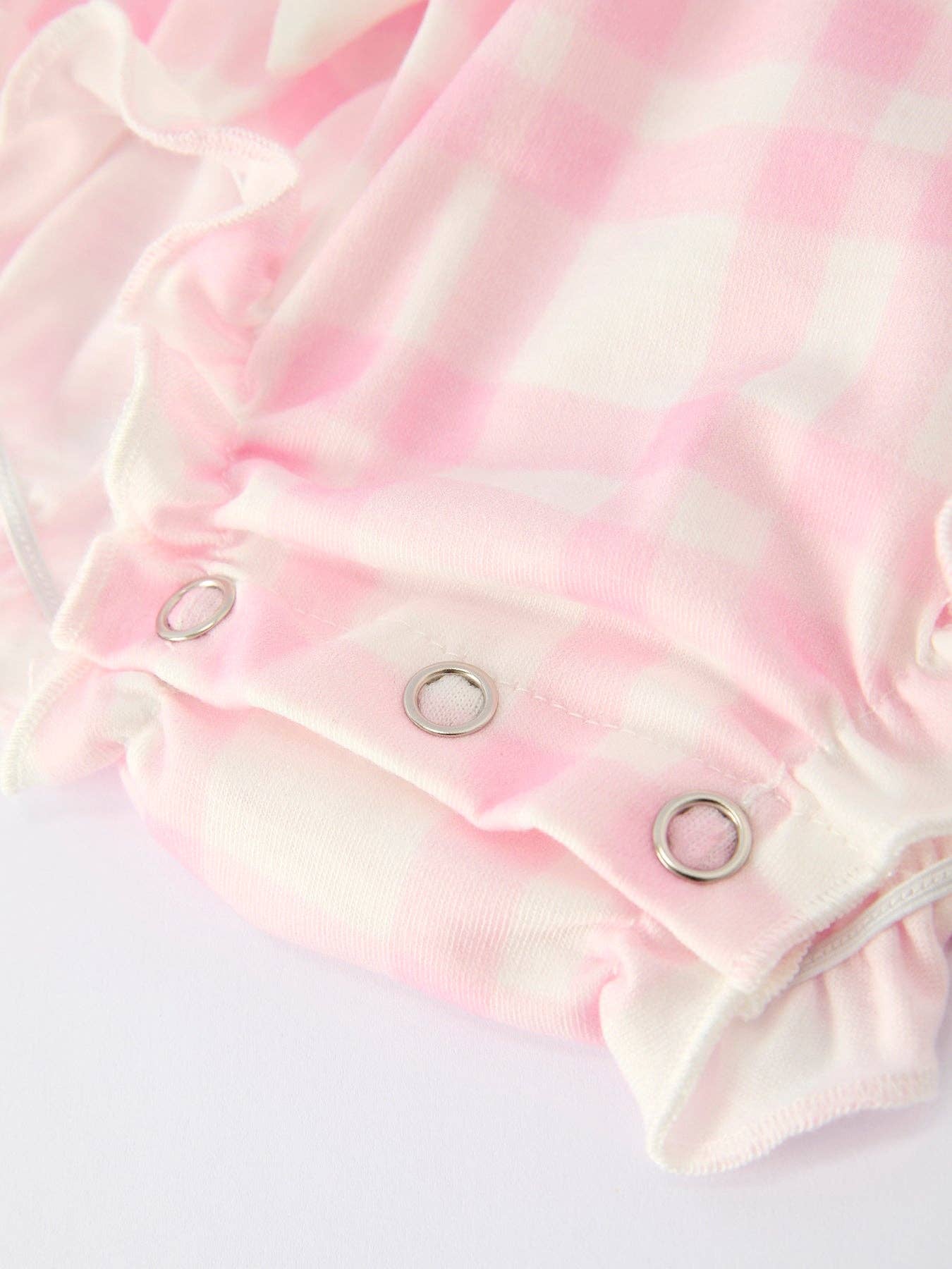 Pink Plaid Ruffle Ballet Shoe Embroidery Long Sleeve Romper: 3M