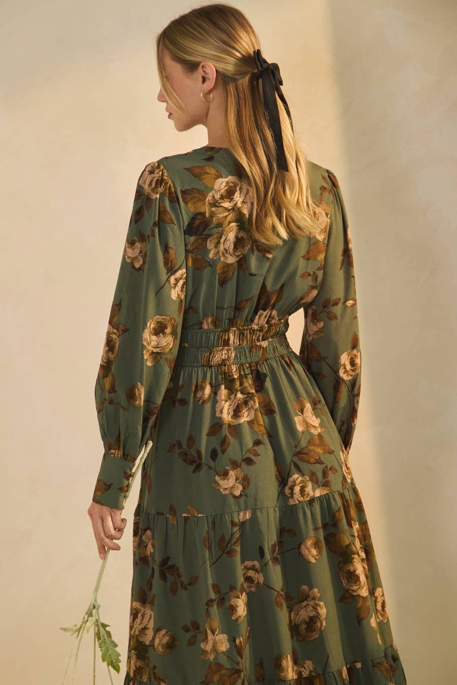 Plus Floral Printed Tiered Maxi Dress: Deep Sage Multi / Plus Size / XL