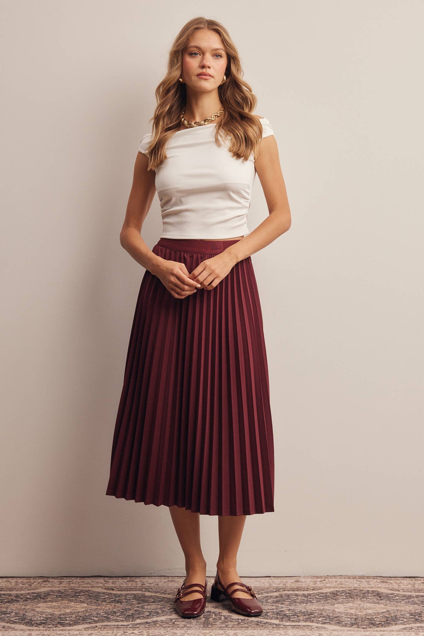 Stretch Pleated Midi Skirt FSK0027: Brown / Contemporary / M