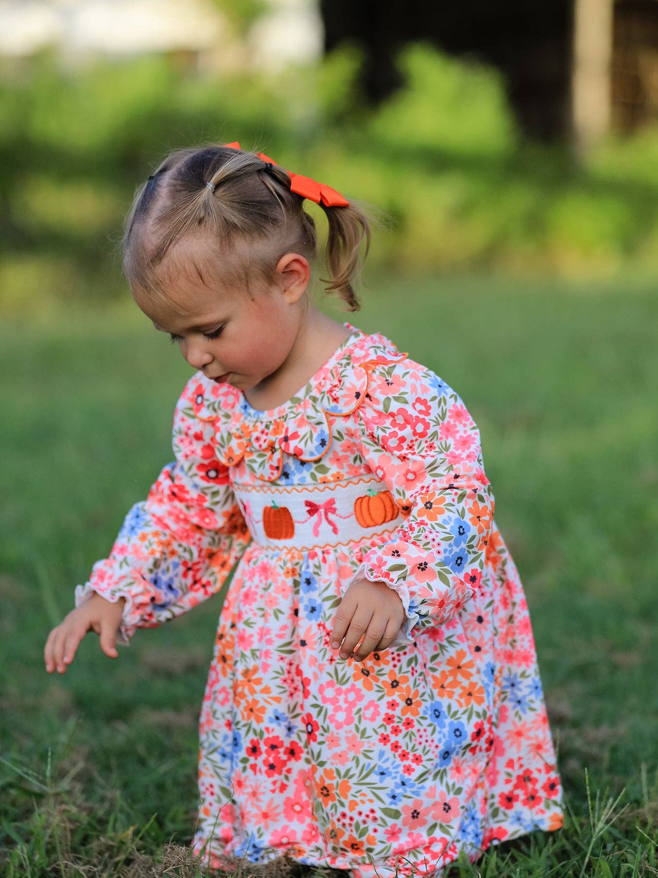 Fall Halloween & Thanksgiving Pumpkin Bow Smock Embroidered Floral Dress: 3