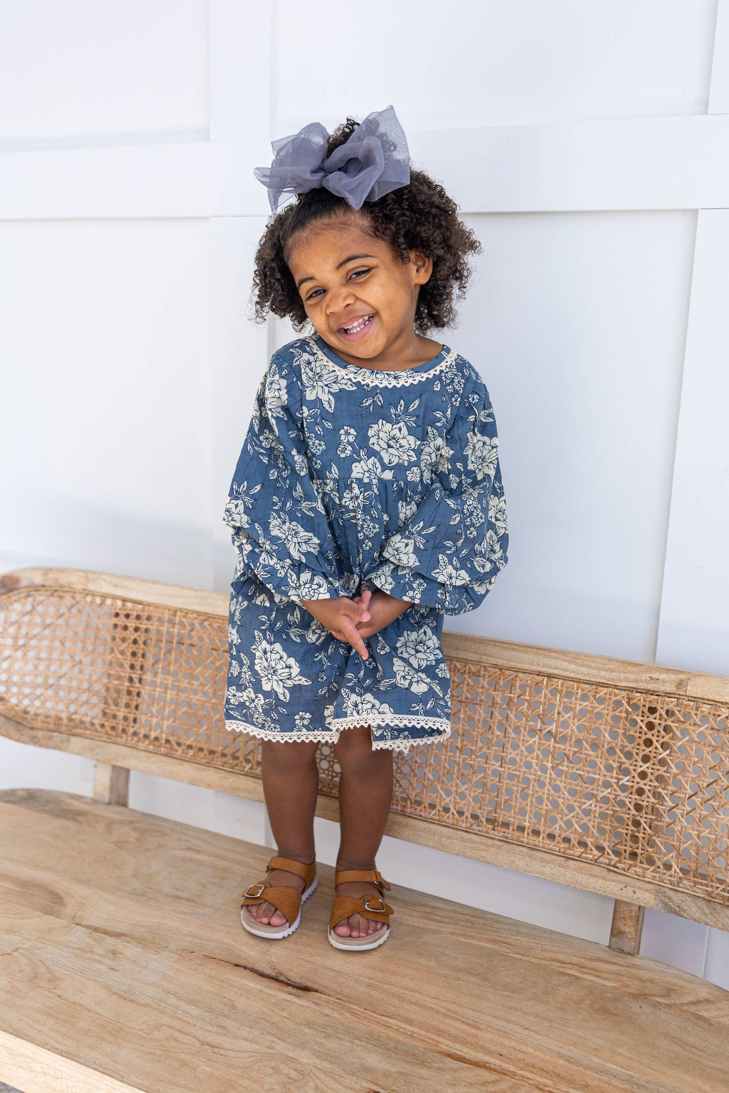 Grey Floral Printed Neck & Bottom Lace Long Sleeves Gathered : Infant : Baby : Toddler : Tween : Kids: 12-18 month