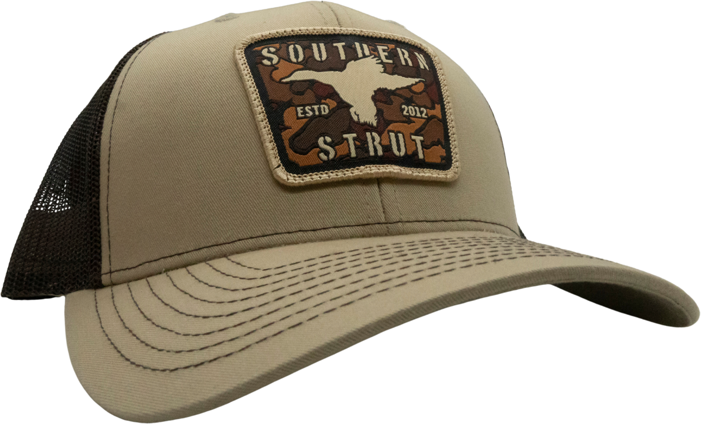 Camo Duck Woven Patch Trucker Hat: Tan/Loden/Brown