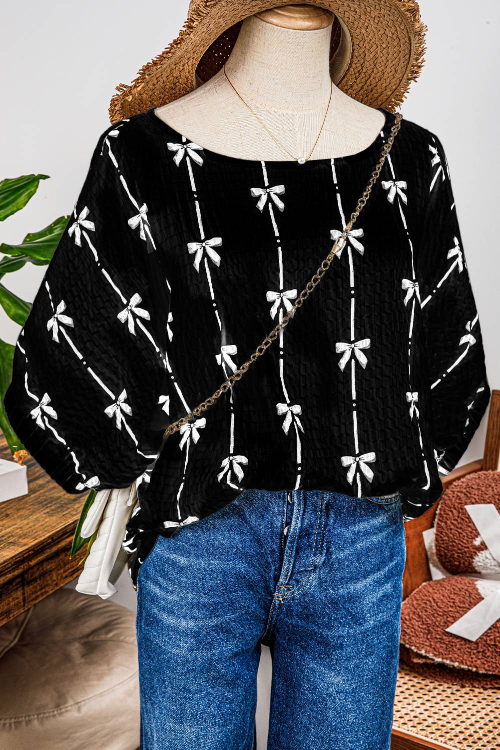 Fashion-W Bow Print Puff Short Sleeve Top: As shown / Missy / L