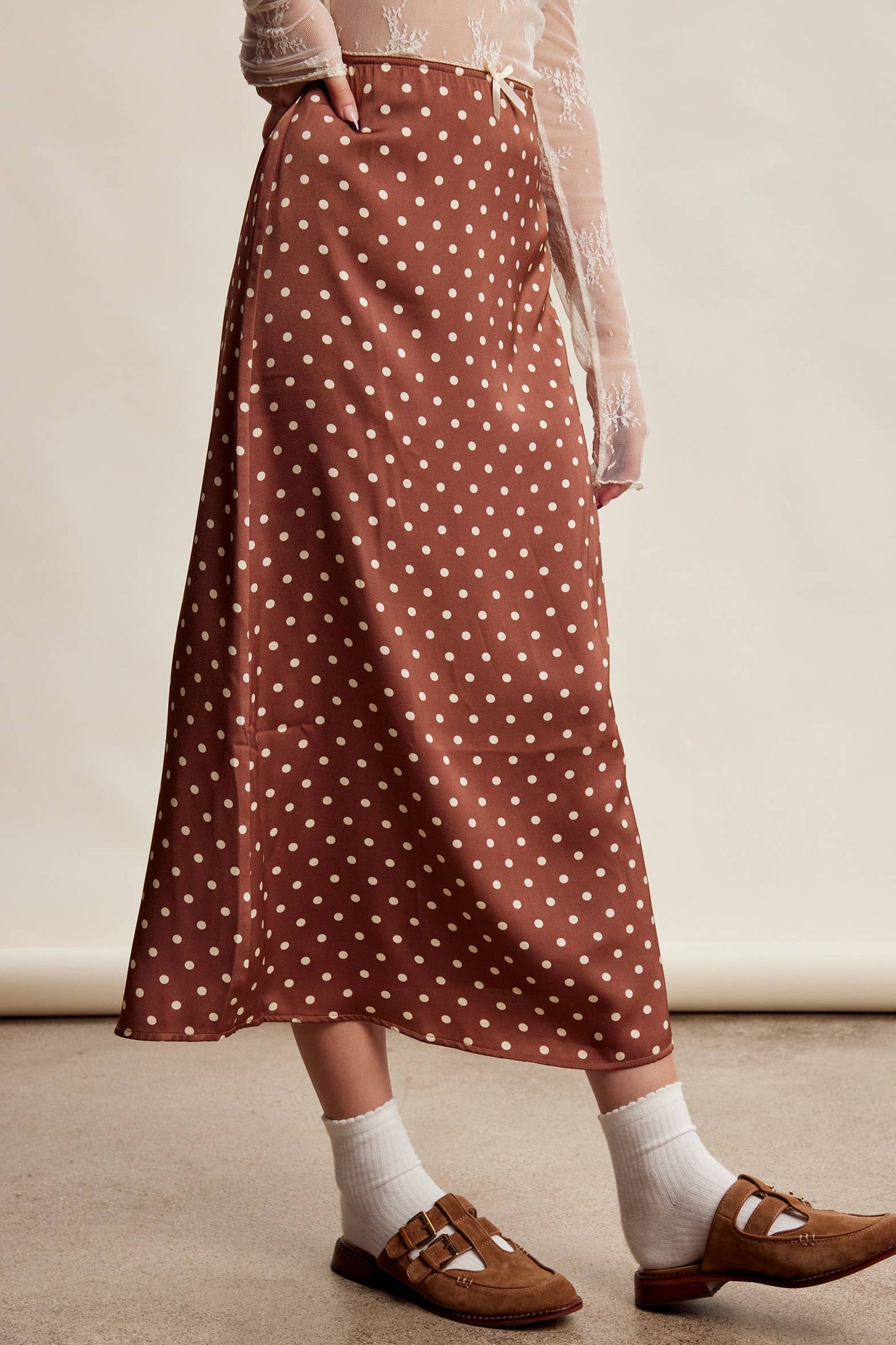 Polka Dot Satin Maxi Skirt LSK0289: Mocha / Contemporary / XL