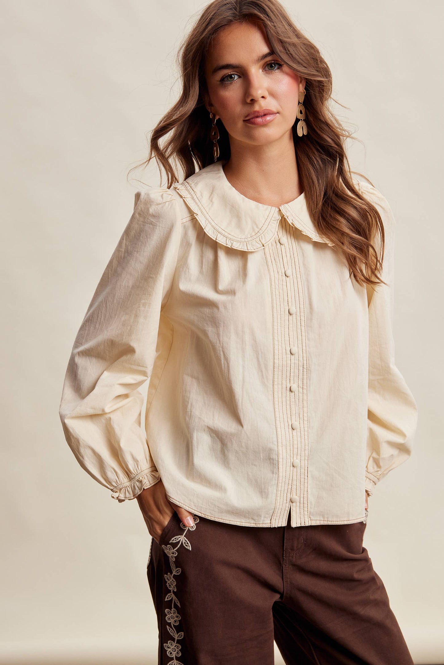 Contrast Stitch Ruffle Collar Cotton Blouse LT1488: Cream / Contemporary / S
