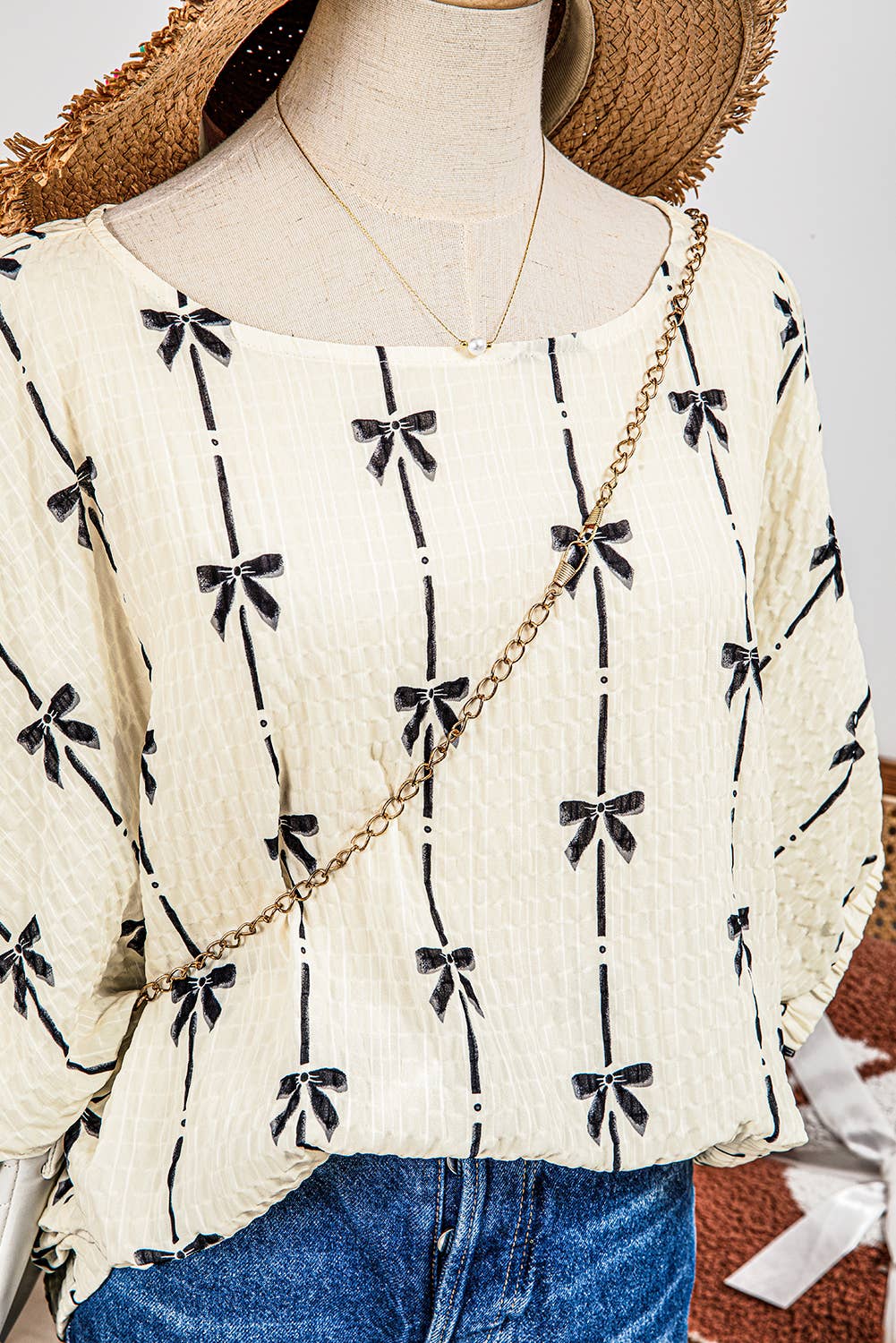 Fashion-W Bow Print Puff Short Sleeve Top: As shown / Missy / L
