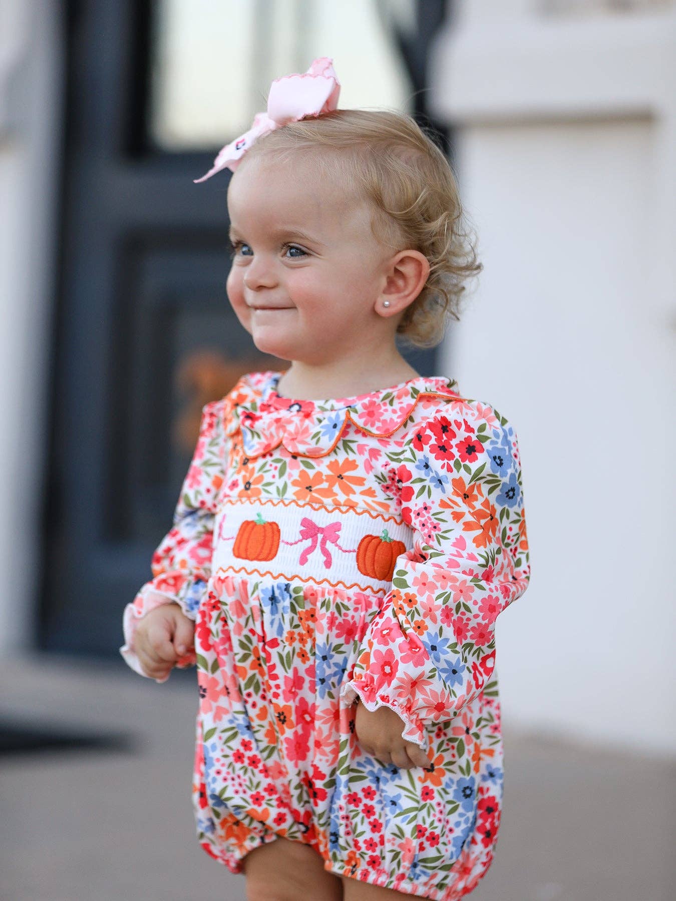 Fall Halloween & Thanksgiving Pumpkin Bow Smock Embroidered Floral Baby Girl Romper: 12M