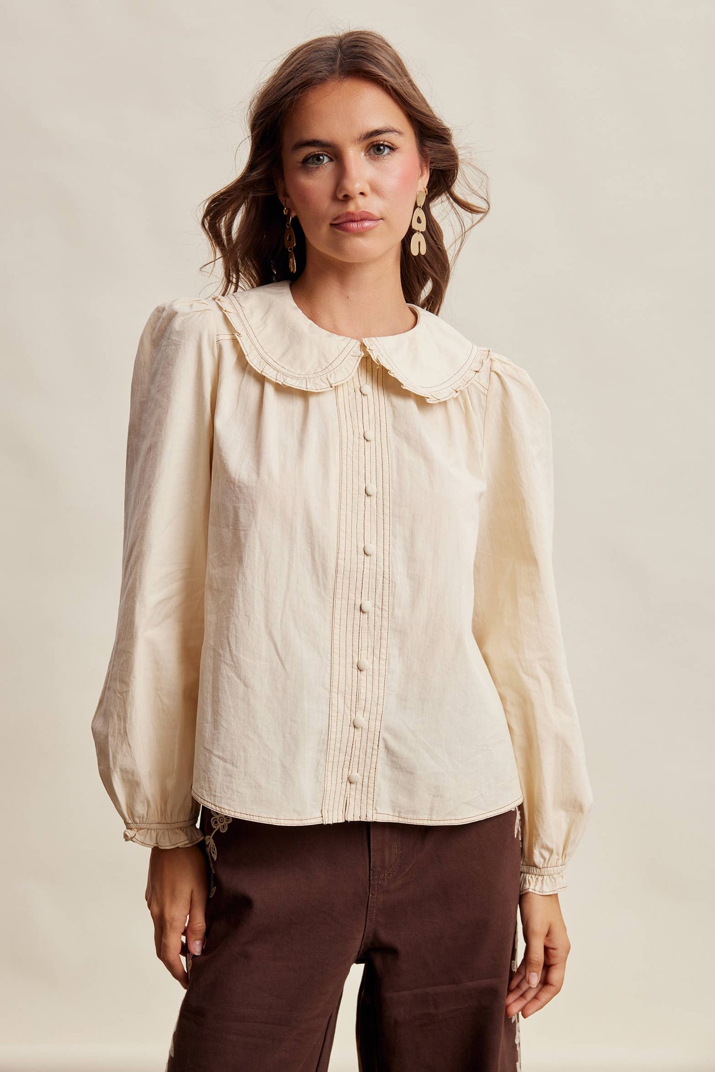 Contrast Stitch Ruffle Collar Cotton Blouse LT1488: Cream / Contemporary / S