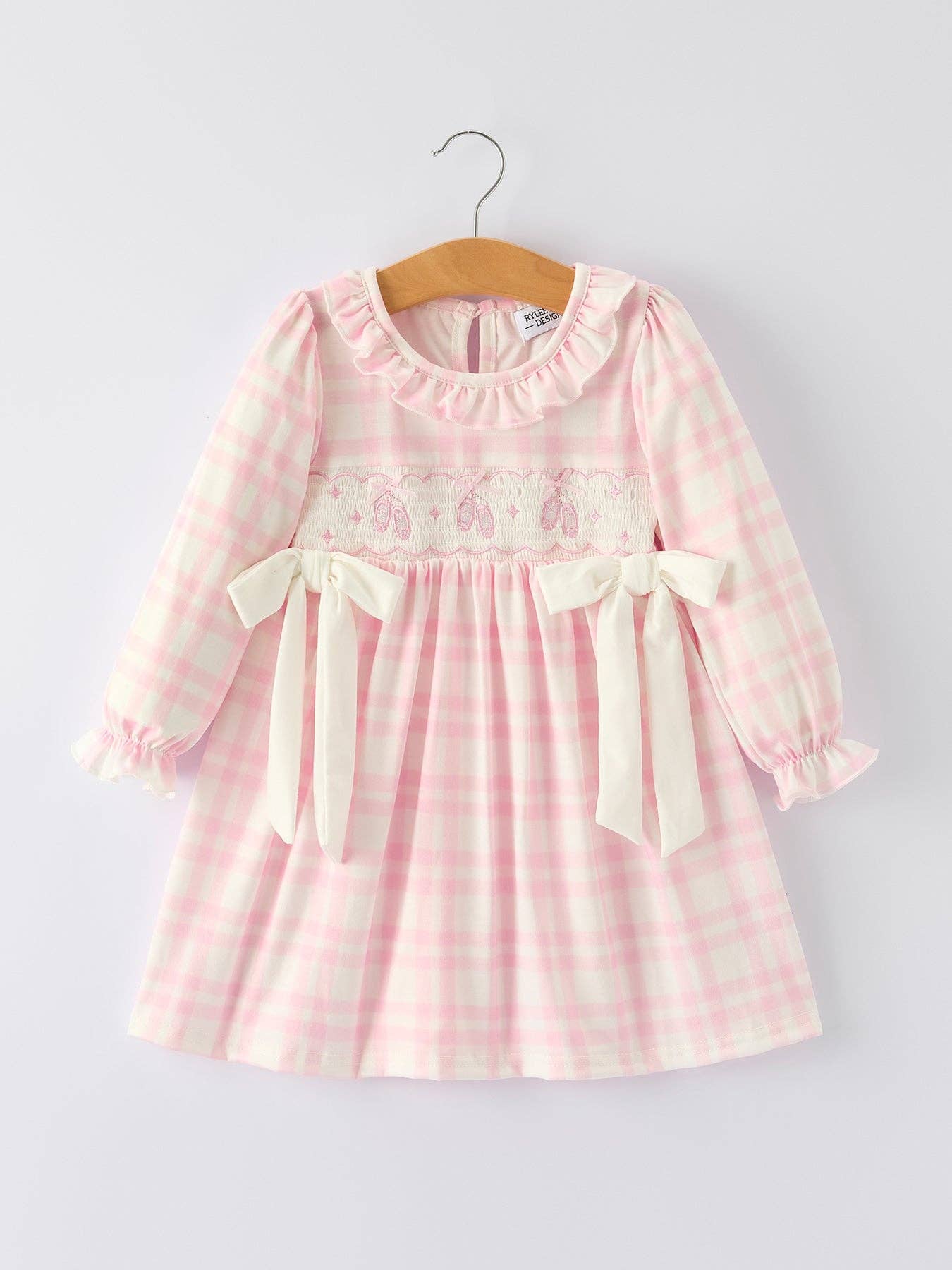 Pink Plaid Ruffle Ballet Shoe Embroidery Long Sleeve Dress: 5