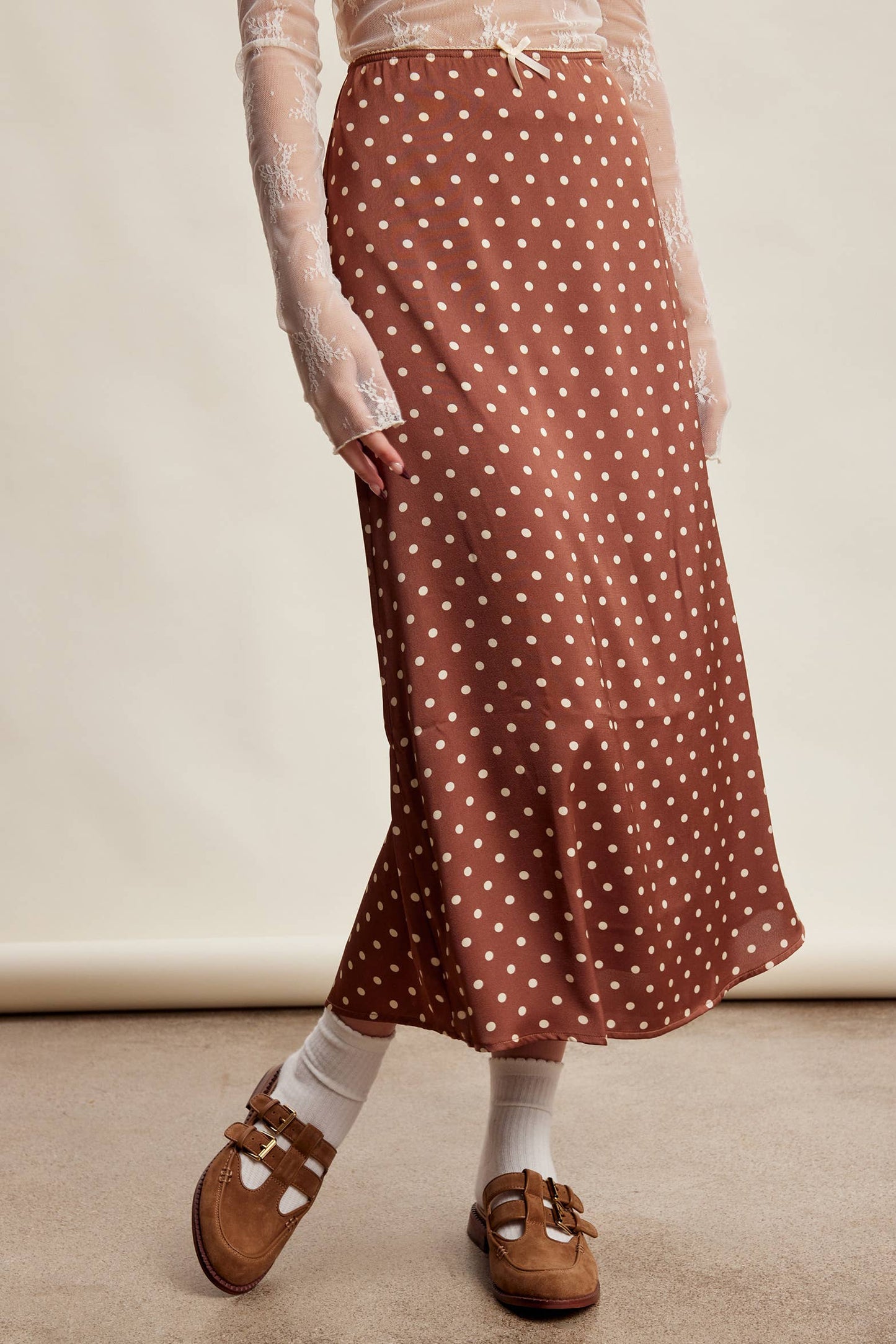 Polka Dot Satin Maxi Skirt LSK0289: Mocha / Contemporary / S