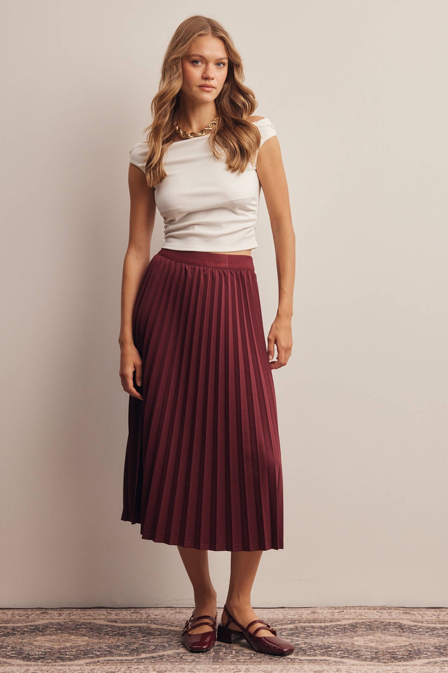 Stretch Pleated Midi Skirt FSK0027: Brown / Contemporary / M