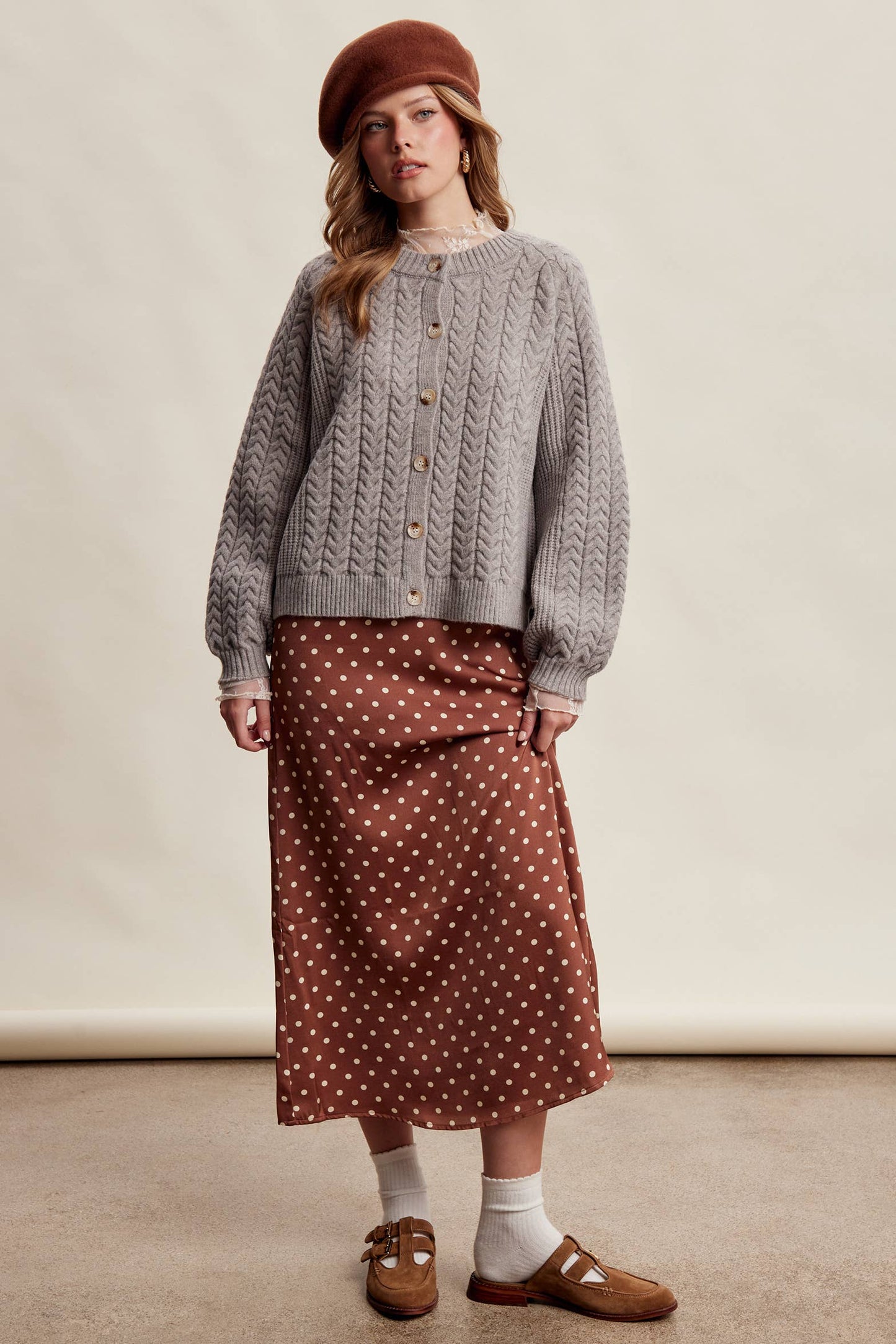Polka Dot Satin Maxi Skirt LSK0289: Mocha / Contemporary / S