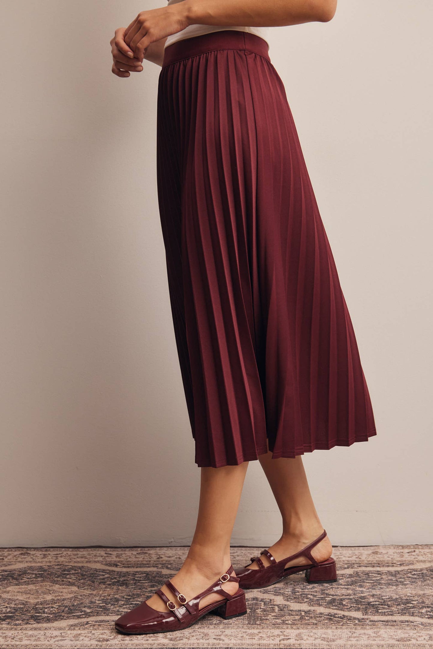 Stretch Pleated Midi Skirt FSK0027: Brown / Contemporary / S