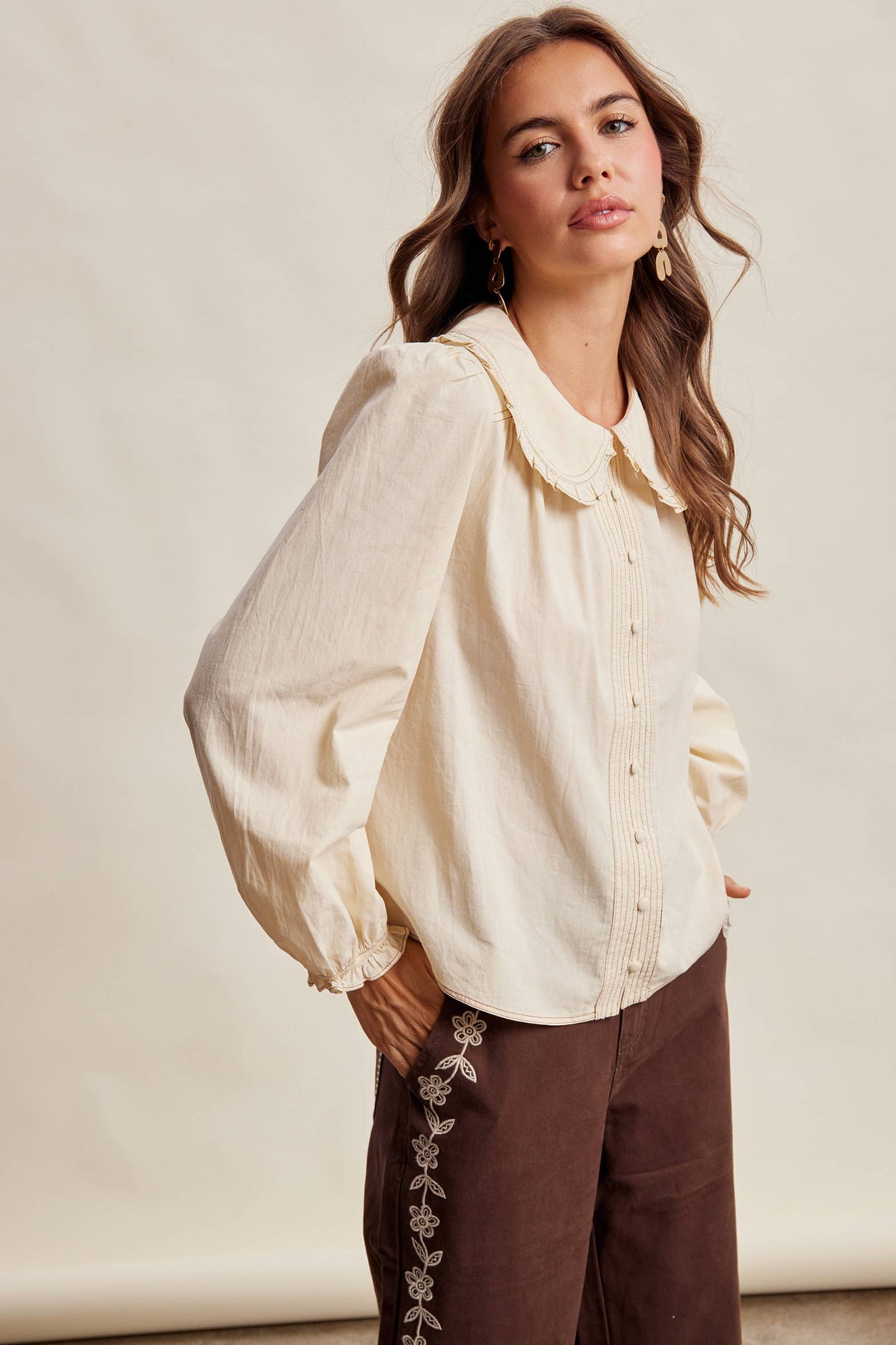 Contrast Stitch Ruffle Collar Cotton Blouse LT1488: Cream / Contemporary / L
