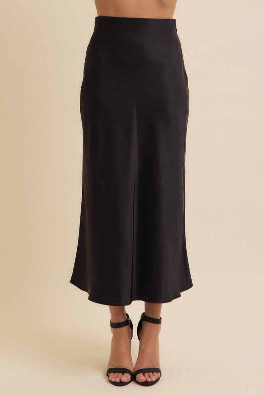 HIGH QUALITY THICK SILKY SATIN BIAS CUT MAXI SKIRT: BLACK / L